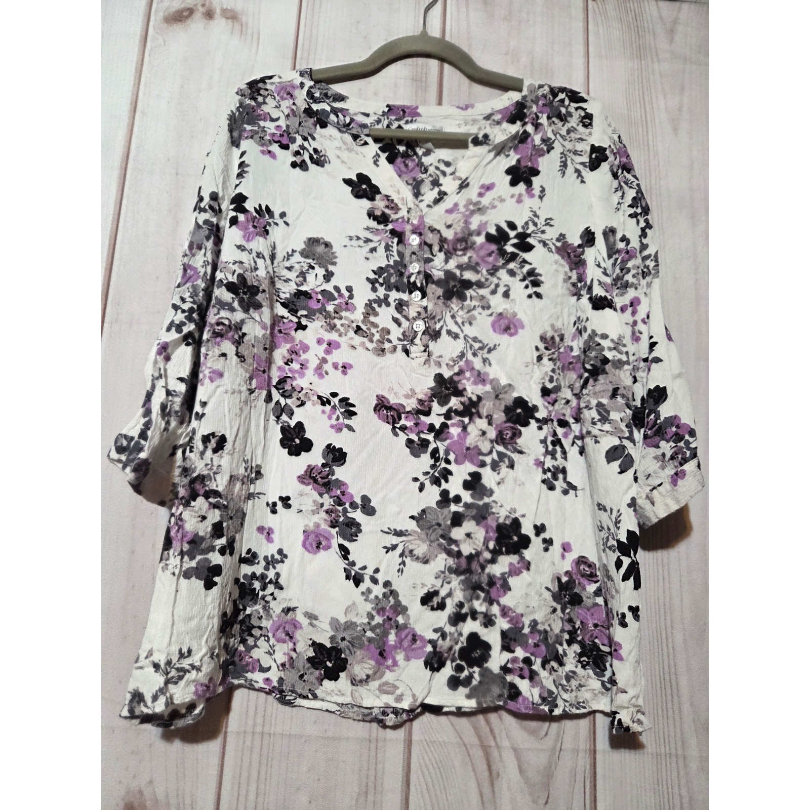 Croft & Barrow Womens 1x Purple Floral 3/4 Sleeve Rayon Henley Blouse Top